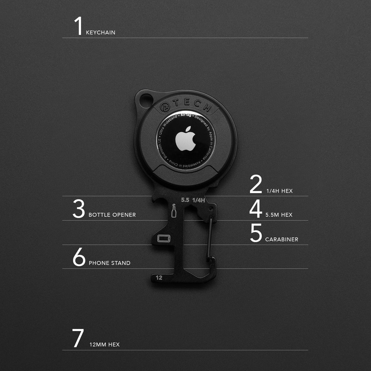 ATECH AirTag Multitool 7-in-1 Keychain Bottle Opener Hex Wrench Phone Stand Carabiner Bicycle Tools