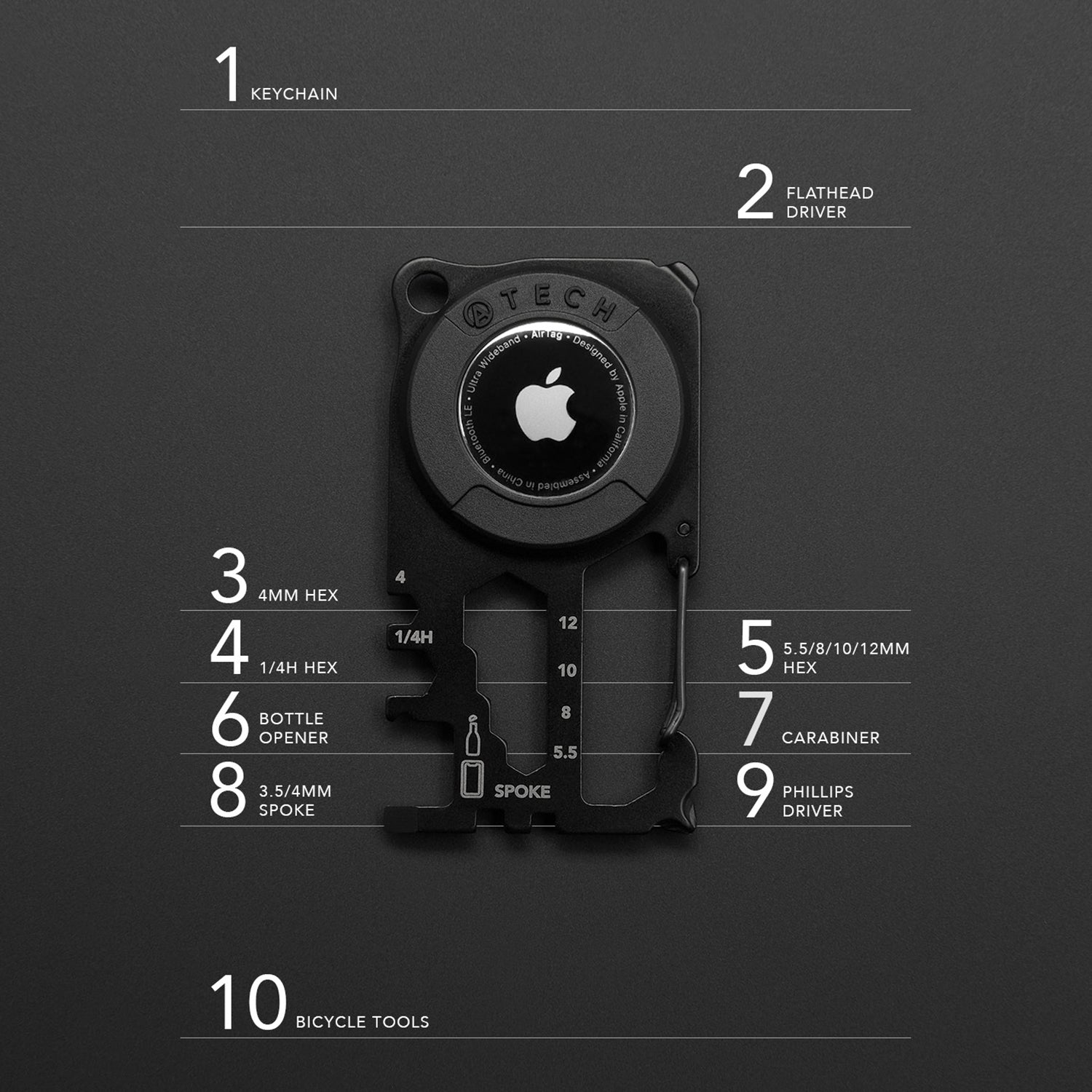 ATECH AirTag Multitool 10-in-1 Keychain Carabiner Phone Holder Bottle Opener Phillips Screwdriver Flathead Driver Hex Wrench Spoke Bicycle Tools