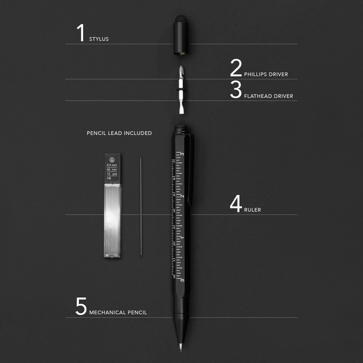 Multitool Pencil 5-in-1 Stylus - Black - ATECH