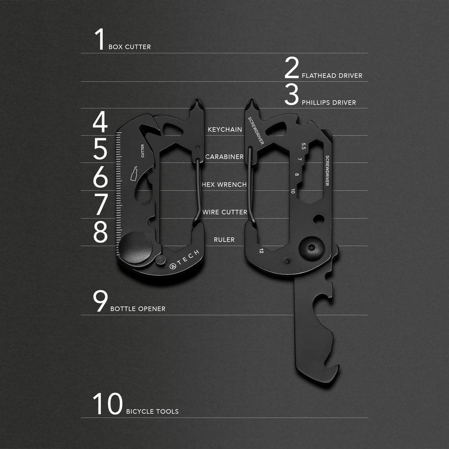 ATECH Multitool 10-in-1 Carabiner Box Cutter Screw Driver Ruler Bottle Opener Hex Wrench Keychain Flathead Bicycle Tools
